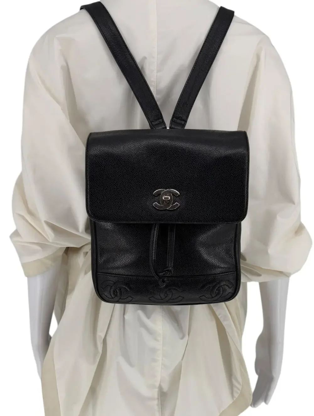 Chanel 1996-1997 Black Caviar Triple CC Backpack - Silver Hardware *RARE*